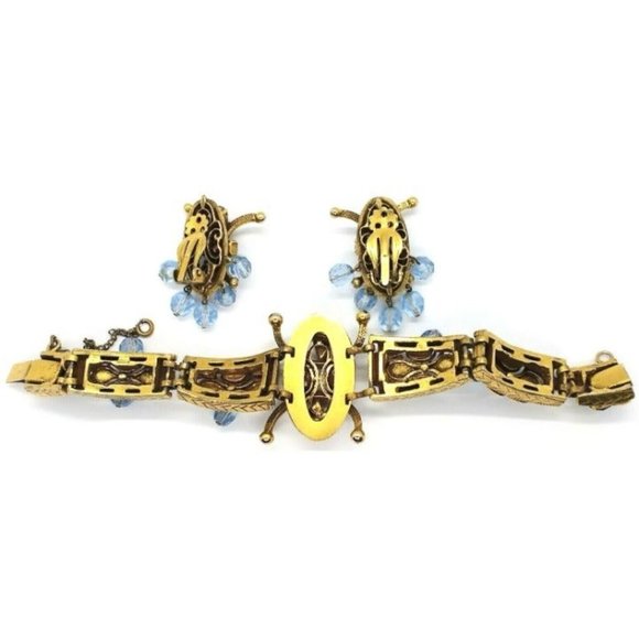 Elegant Vintage Gold Tone Blue Bead & Rhinestone Statement Earrings Bracelet Set - Picture 2 of 4